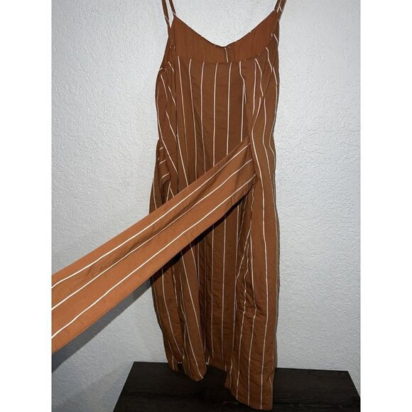 All:row Rust Orange Brown Spaghetti Strap Dress midi sz Large  White Striped 1B - Picture 5 of 11